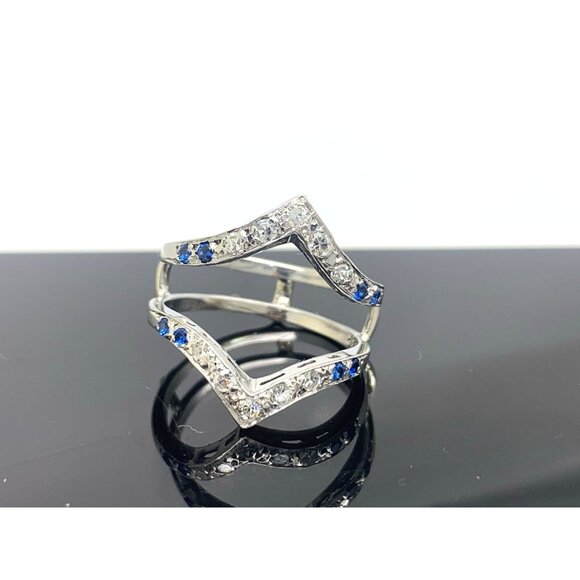 Engagement Ring Guard 14k White Gold Diamond Blue Gemstone Wedding Band Size 5.5 - Picture 10 of 15